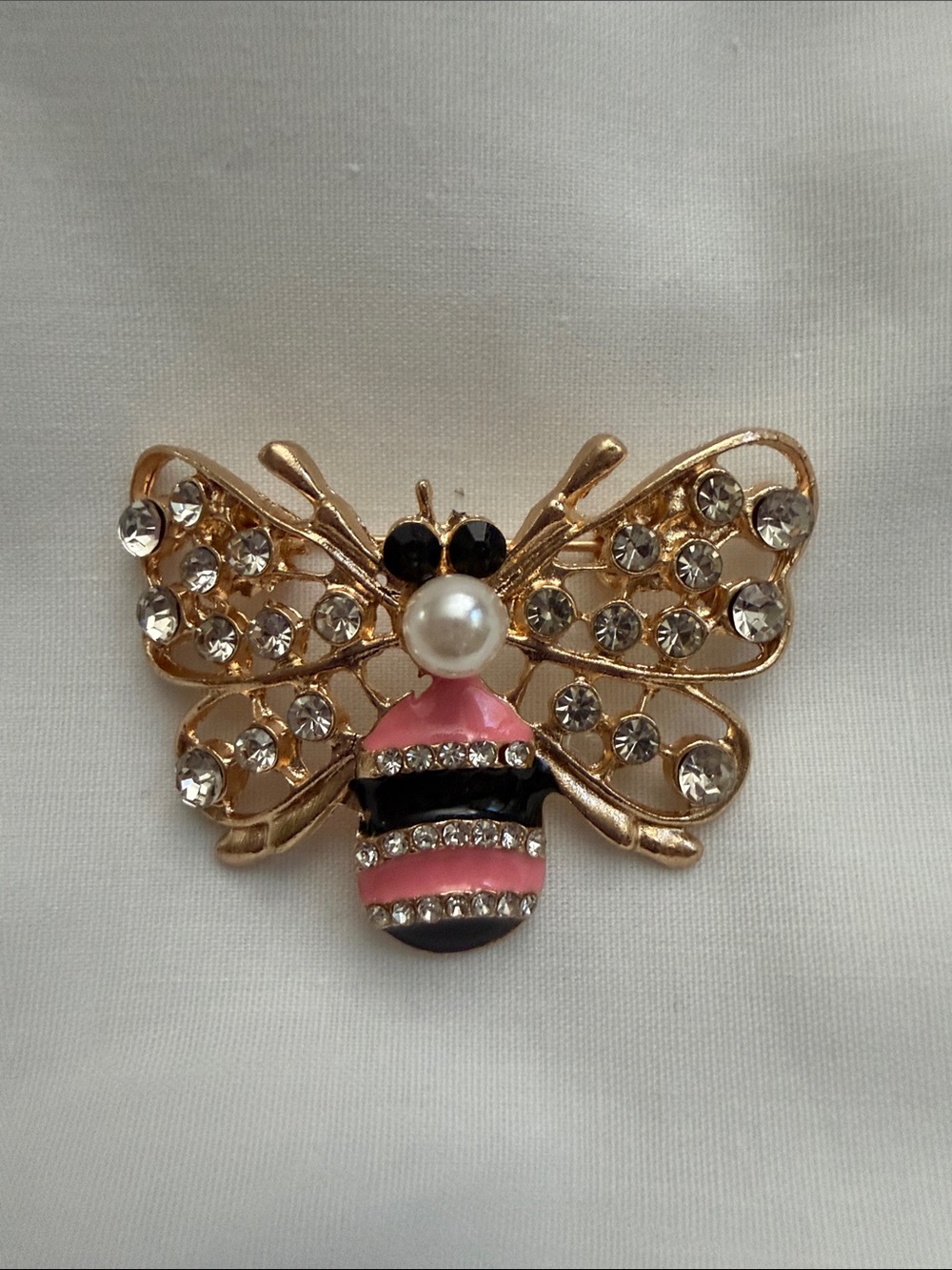 Gold-tone Pink & Black Bee Brooch with Crystal Accents
